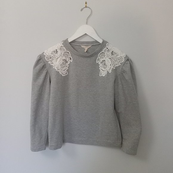 REBECCA TAYLOR (xs) LACE INSET cotton Sweatshirt Heather grey - Picture 2 of 12